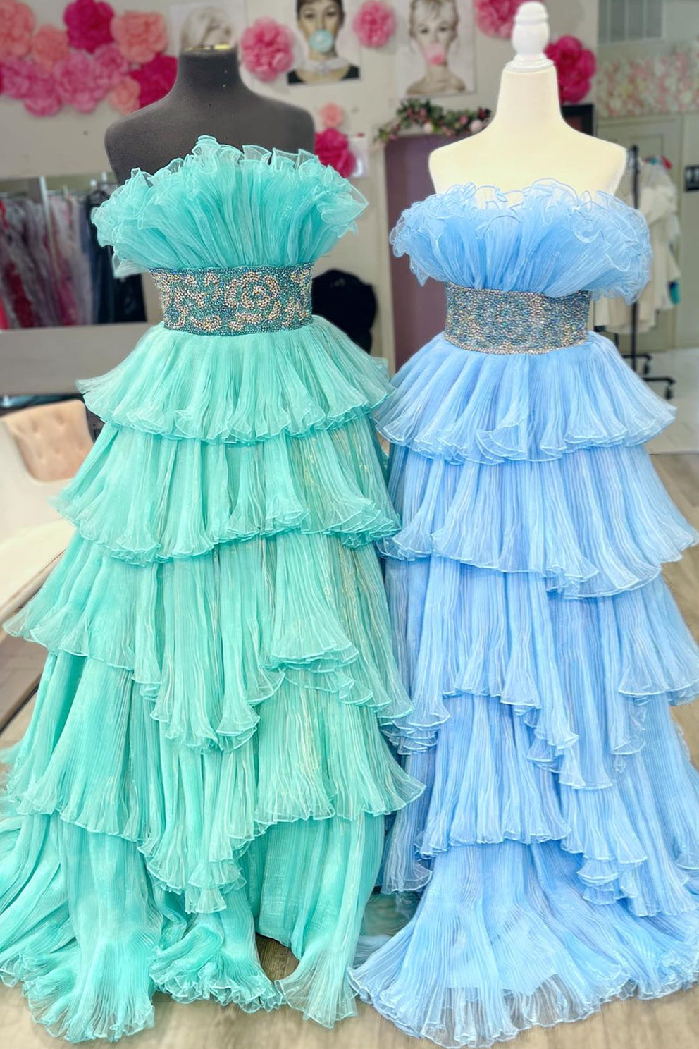 Mint Green & Light Blue Ruffled Strapless Layers Long Prom Dress with Beaded Waistband