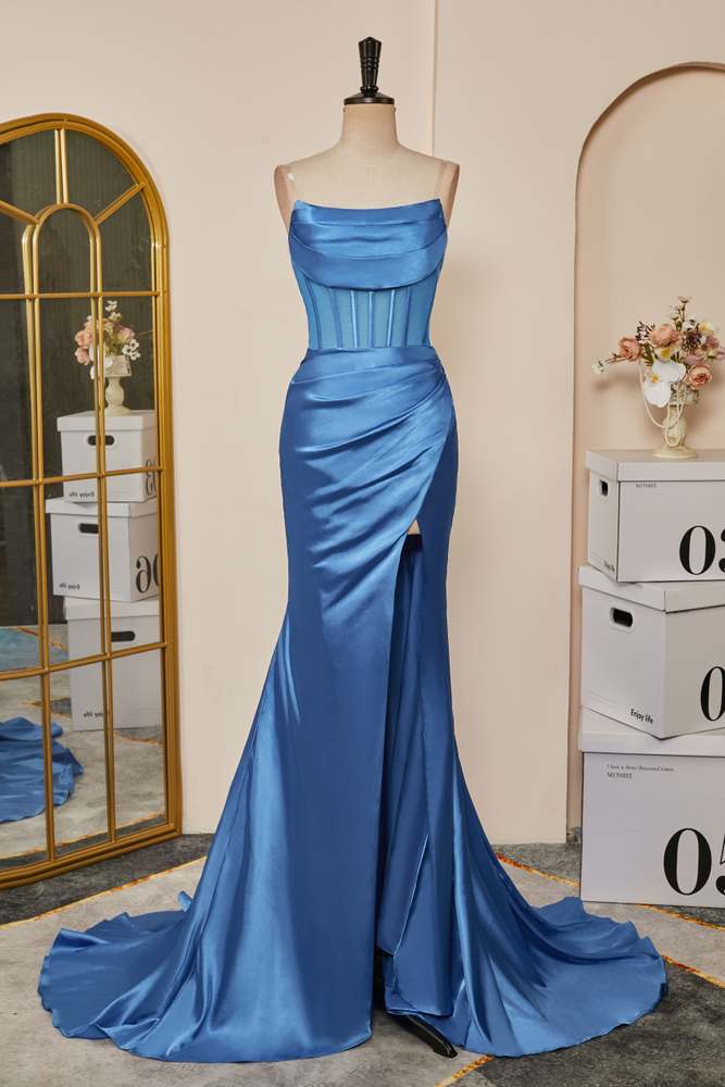 Blue Strapless Mermaid Boned Satin Long Prom Dress with Slit