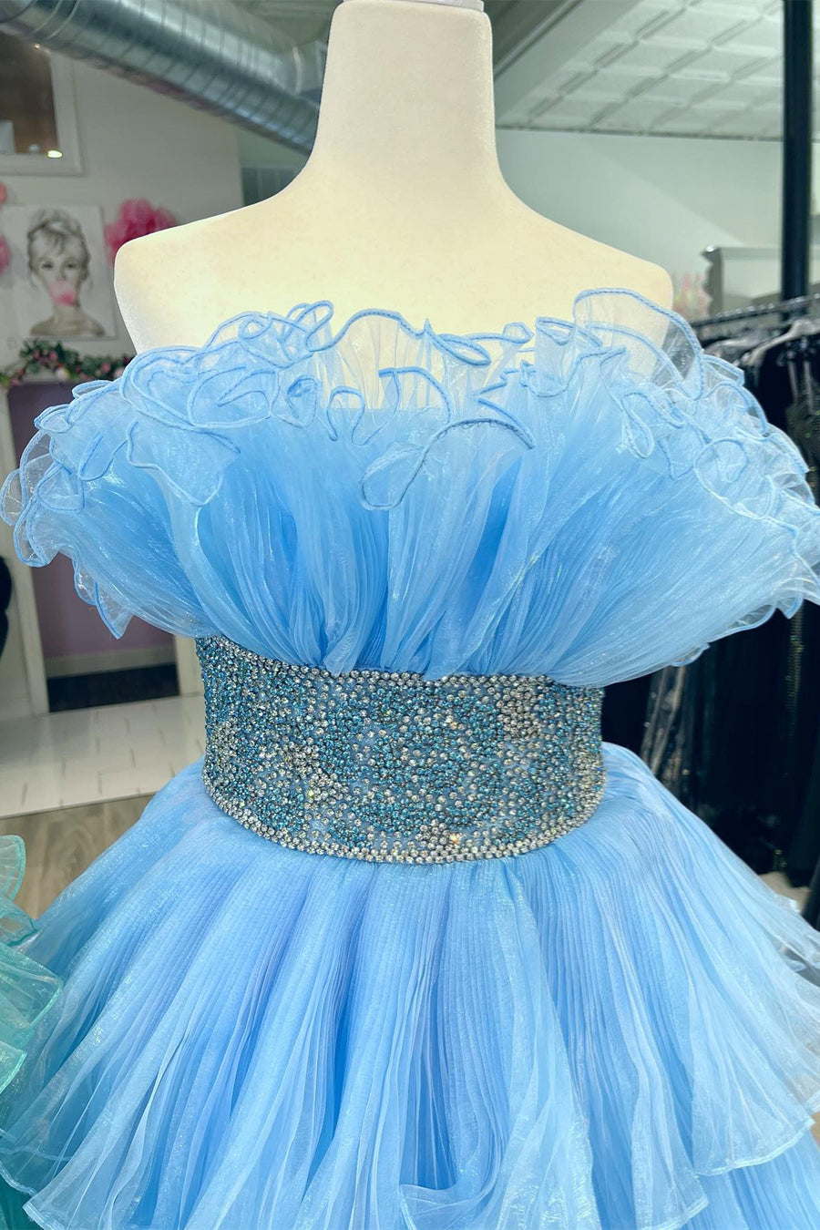 Light Blue Ruffled Strapless Layers Long Prom Dress with Beaded Waistband