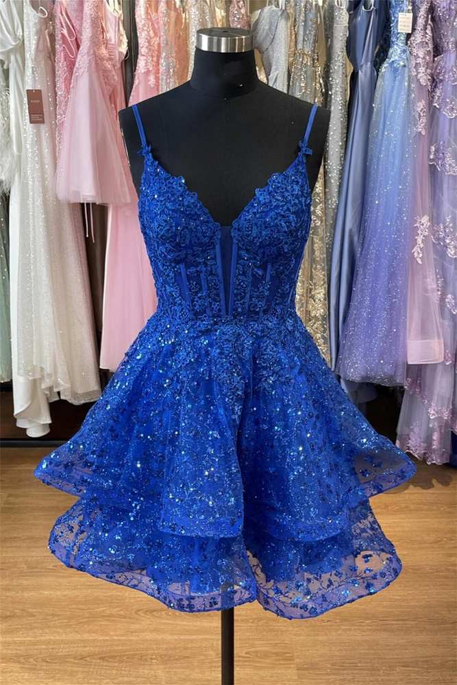 Plunging Neck Royal Blue Sequin Corset A-Line Tiered Short Party Dress