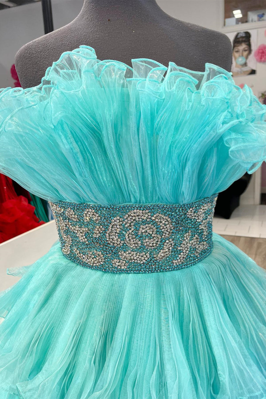 Mint Green Ruffled Strapless Layers Long Prom Dress with Beaded Waistband Mint Green / US 4 Mint Green Ruffled Strapless Layers Long Prom Dress with Beaded Waistband Mint Green / US 4