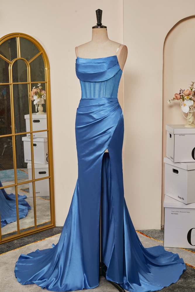 Blue Strapless Mermaid Boned Satin Long Prom Dress with Slit Lavender / US 6 Blue Strapless Mermaid Boned Satin Long Prom Dress with Slit Lavender / US 6