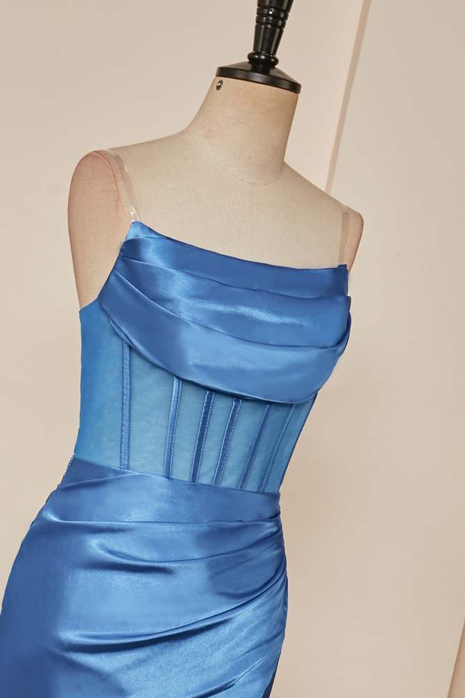 Blue Strapless Mermaid Boned Satin Long Prom Dress with Slit