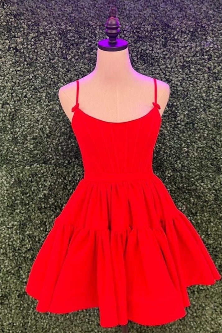 Red A-line Ruffled Lace-Up Homecoming Dress