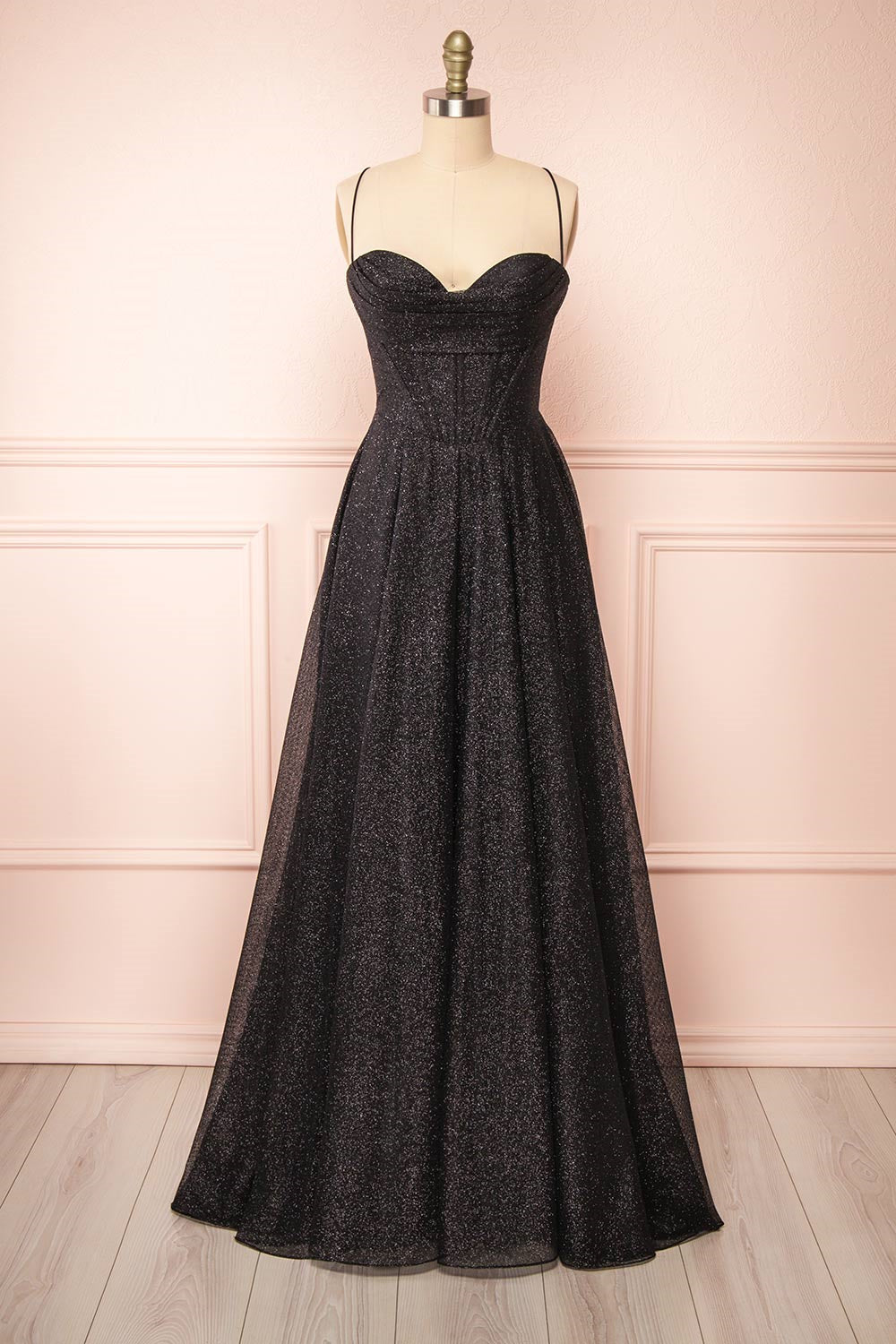 Sparkly Black Lace-Up A-line Sweetheart Long Prom Dress