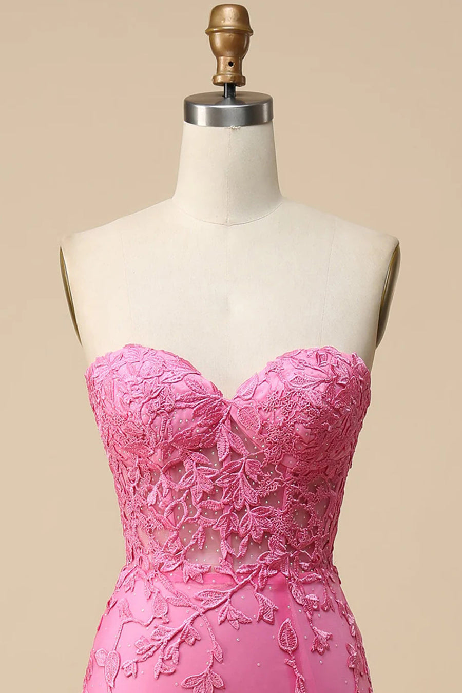 Hot Pink Strapless Lace-Up Appliques Long Prom Dress with Slit
