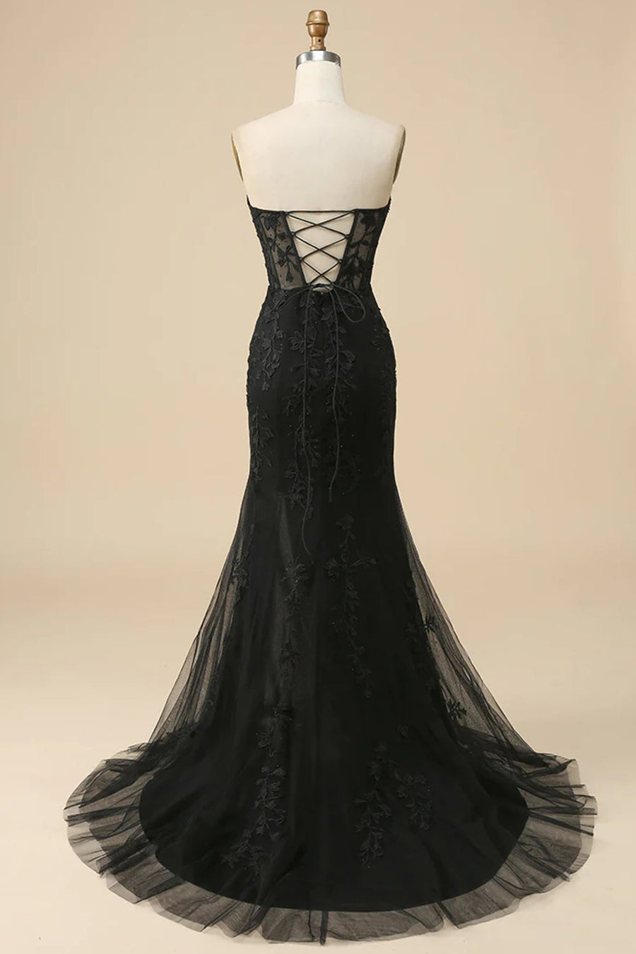Black Strapless Lace-Up Appliques Long Prom Dress with Slit Black / US 2