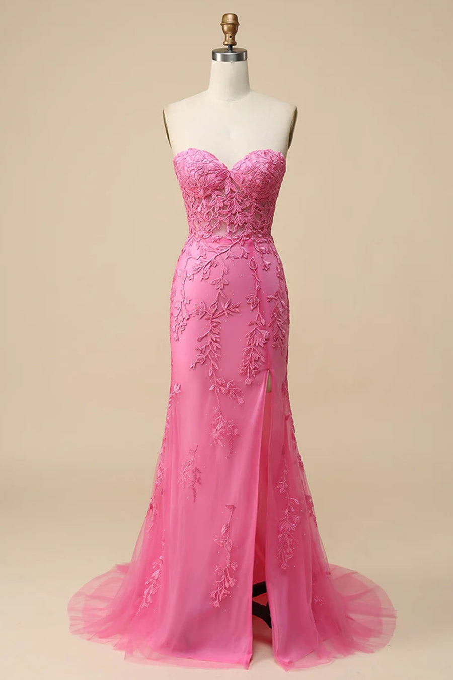Hot Pink Strapless Lace-Up Appliques Long Prom Dress with Slit