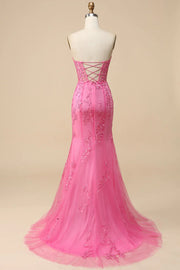 Hot Pink Strapless Lace-Up Appliques Long Prom Dress with Slit