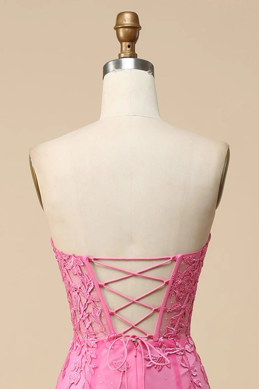 Hot Pink Strapless Lace-Up Appliques Long Prom Dress with Slit