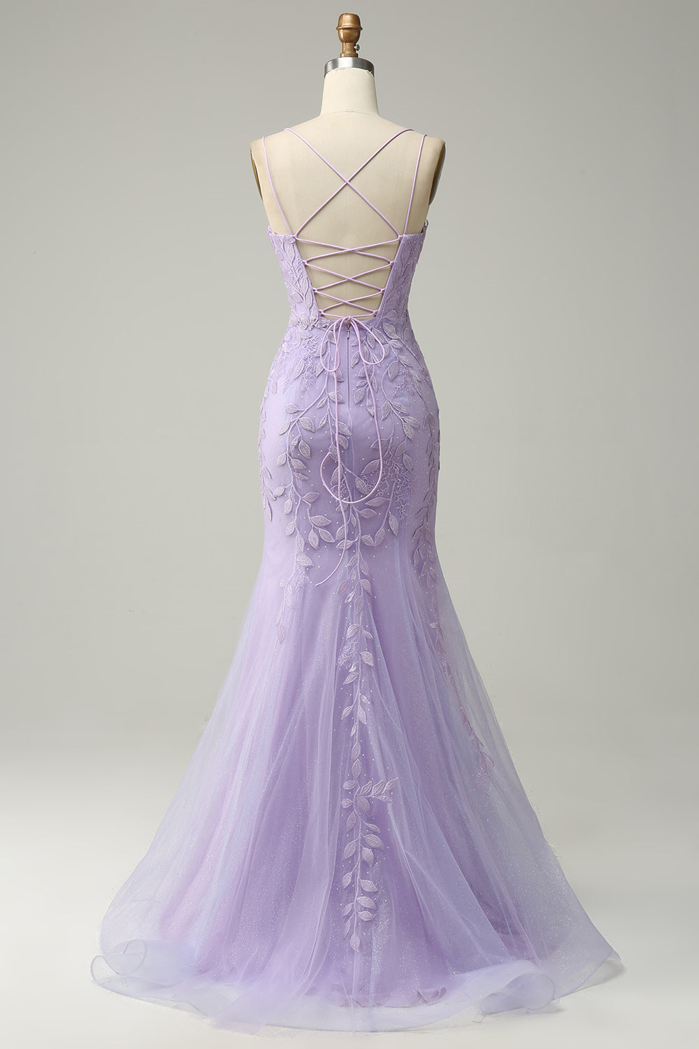 Lavender Mermaid Lace-Up Appliques Tulle Long Prom Dress