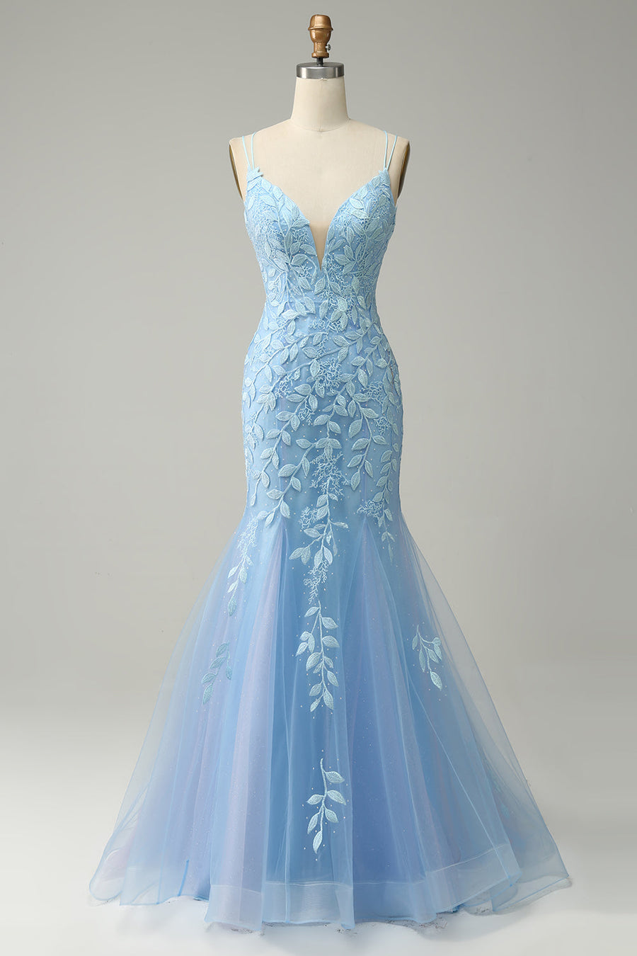 Light Blue Mermaid Lace-Up Appliques Tulle Long Prom Dress