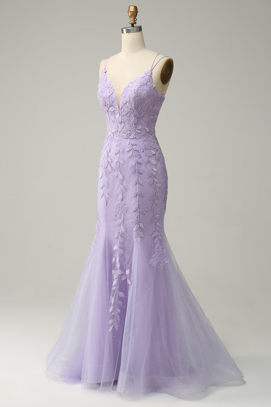 Lavender Mermaid Lace-Up Appliques Tulle Long Prom Dress