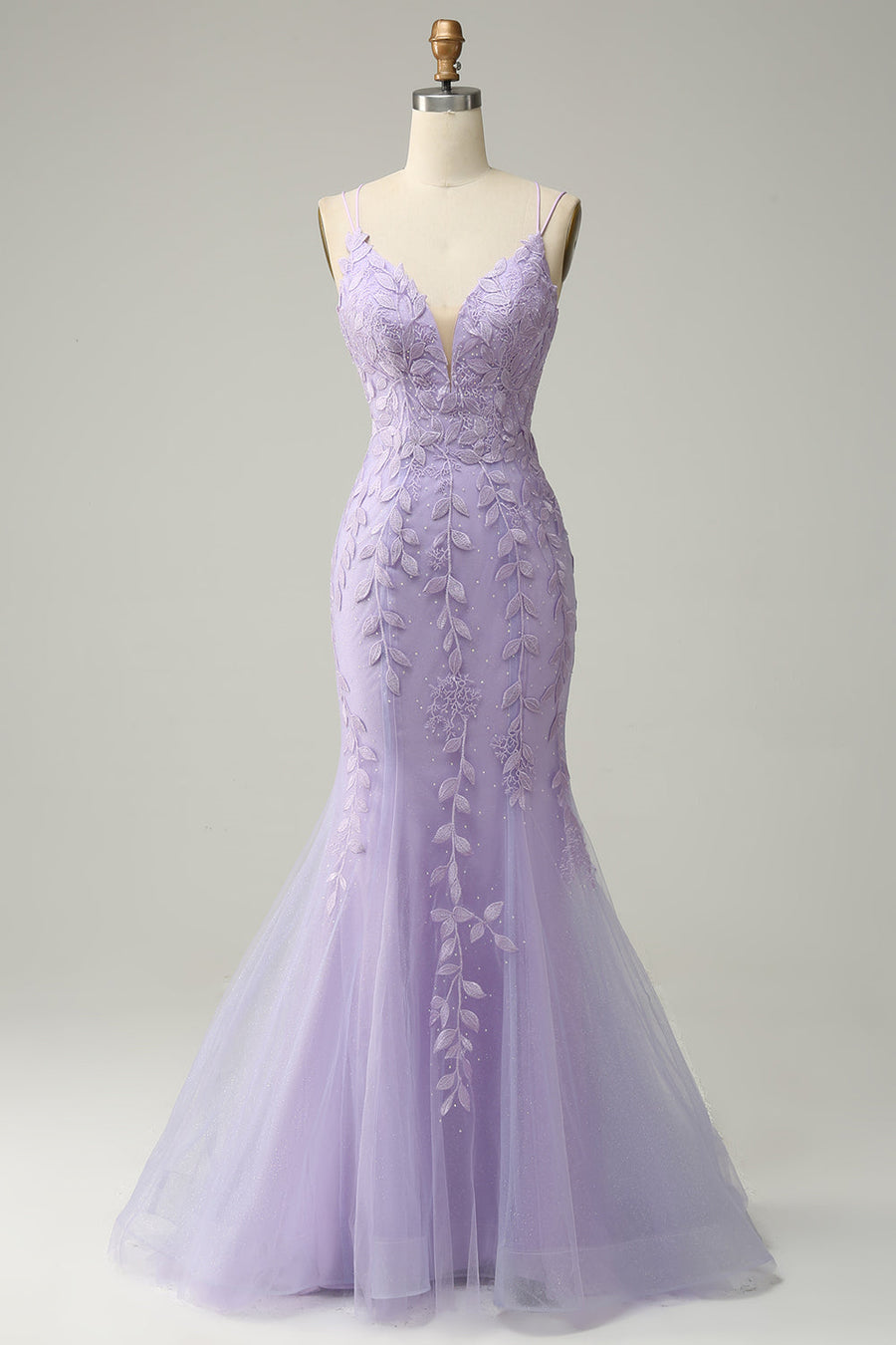 Lavender Mermaid Lace-Up Appliques Tulle Long Prom Dress