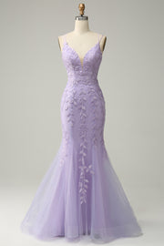 Lavender Mermaid Lace-Up Appliques Tulle Long Prom Dress