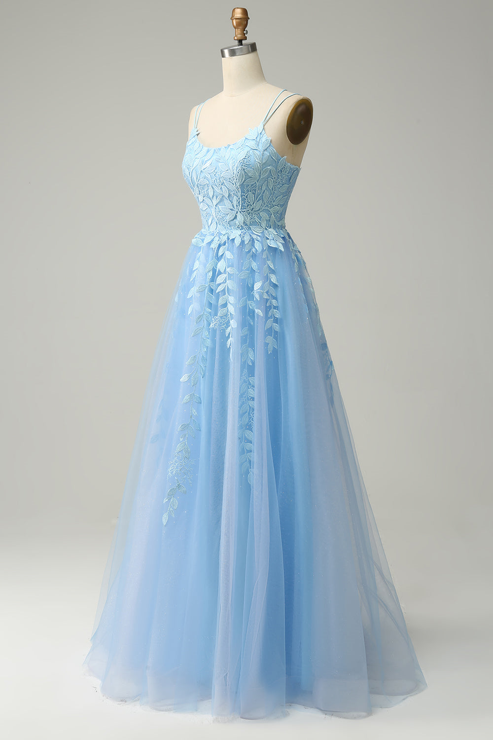 Light Blue A-line Scoop Neckline Embroidered Tulle Long Prom Dress