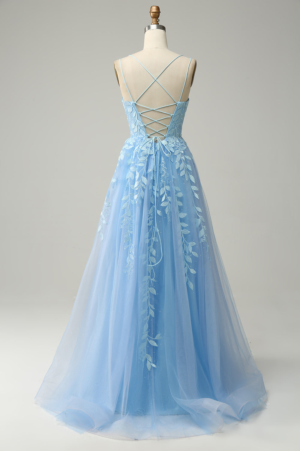 Light Blue A-line Scoop Neckline Embroidered Tulle Long Prom Dress