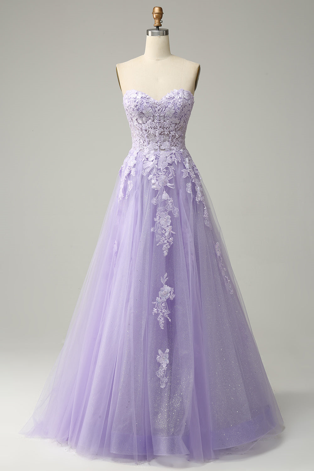 Lavender A-line Appliques Strapless Lace-Up Tulle Long Prom Dress