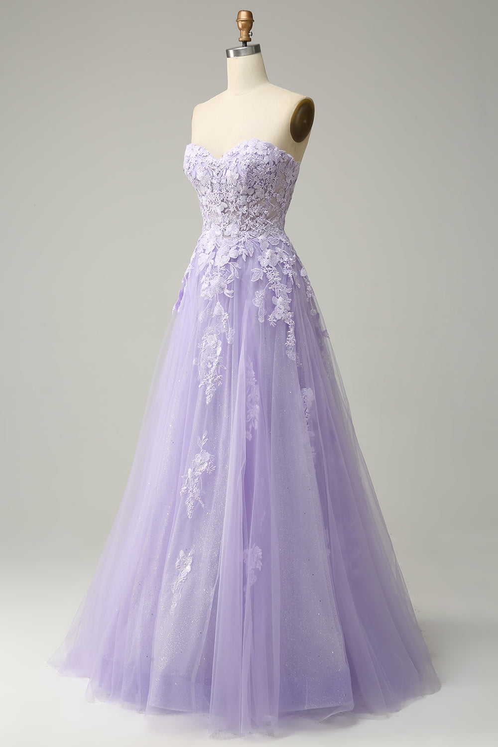Lavender A-line Appliques Strapless Lace-Up Tulle Long Prom Dress