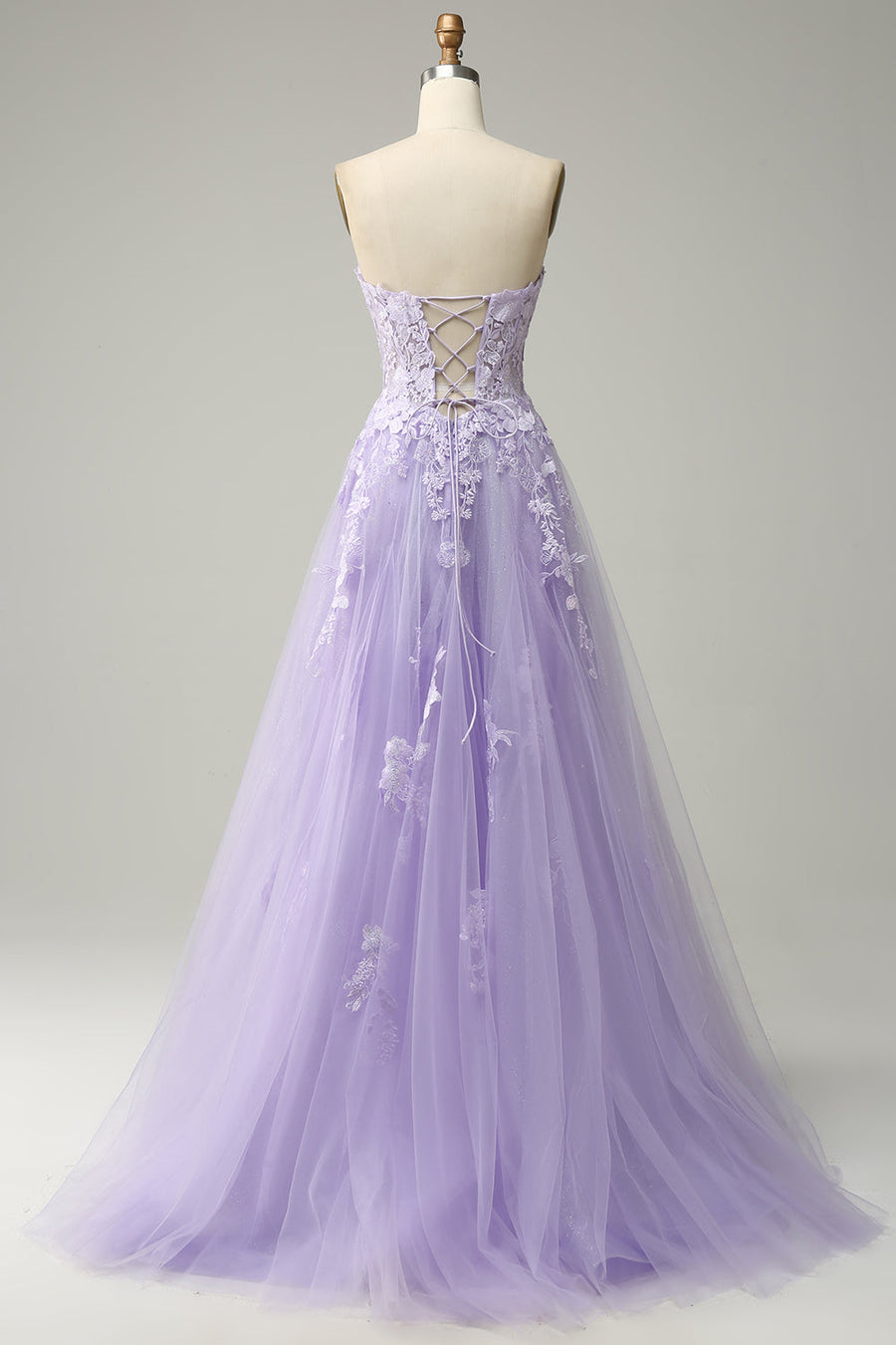 Lavender A-line Appliques Strapless Lace-Up Tulle Long Prom Dress