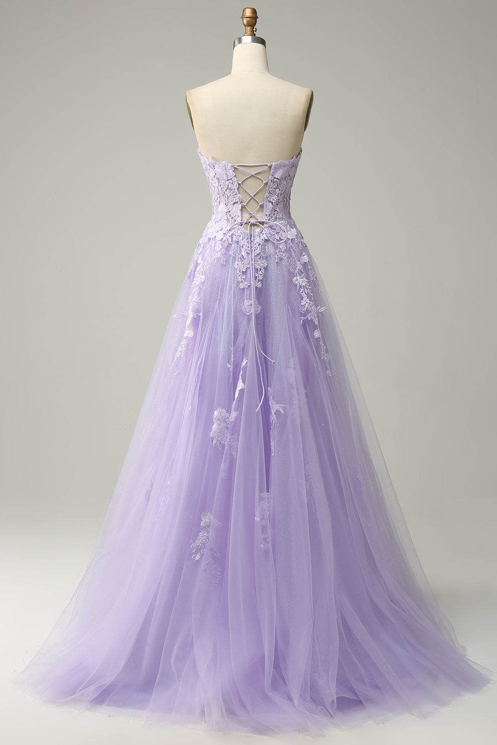 Lavender A-line Appliques Strapless Lace-Up Tulle Long Prom Dress