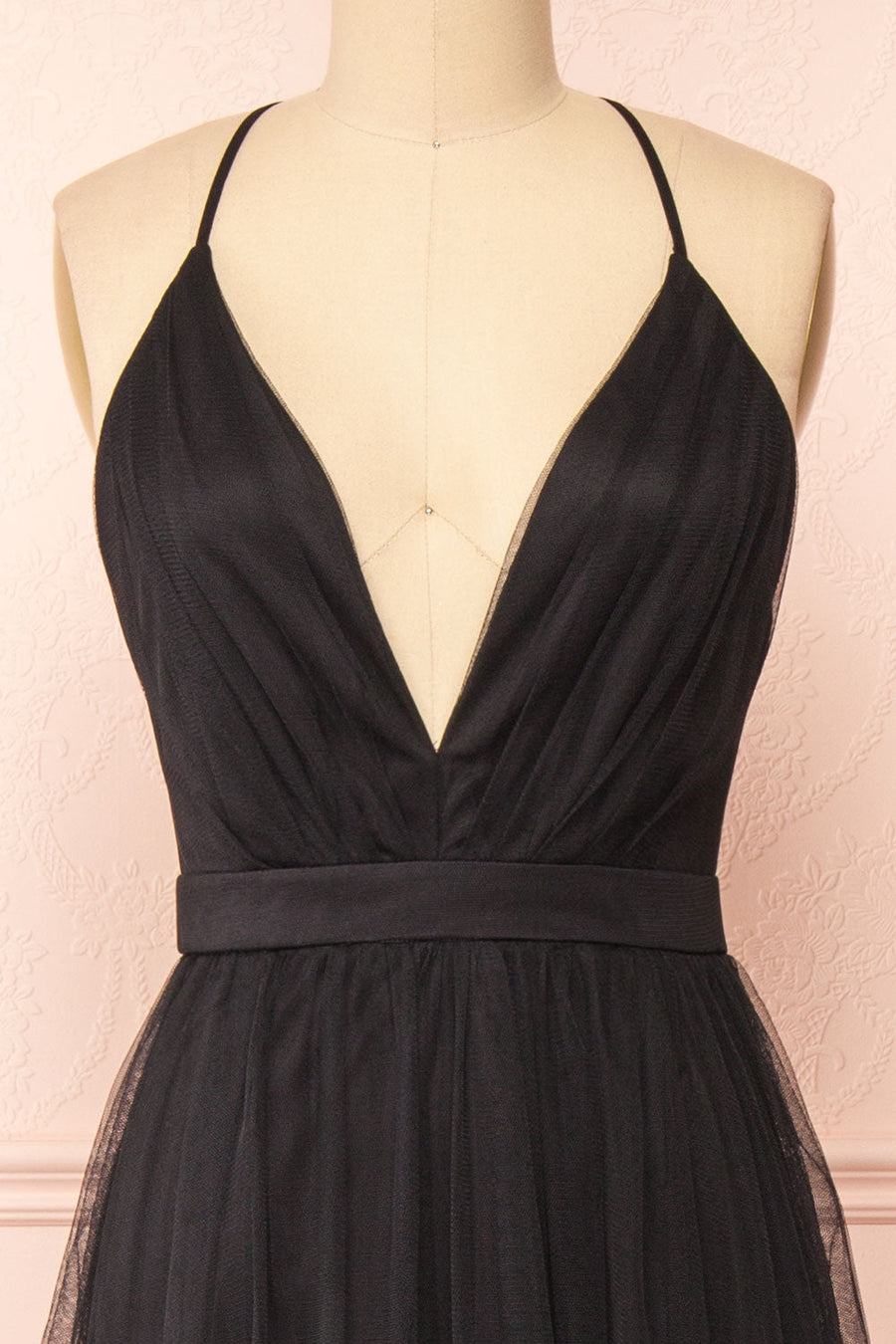 Black Plunging V Neck Crossed Back A-line Tulle Long Prom Dress