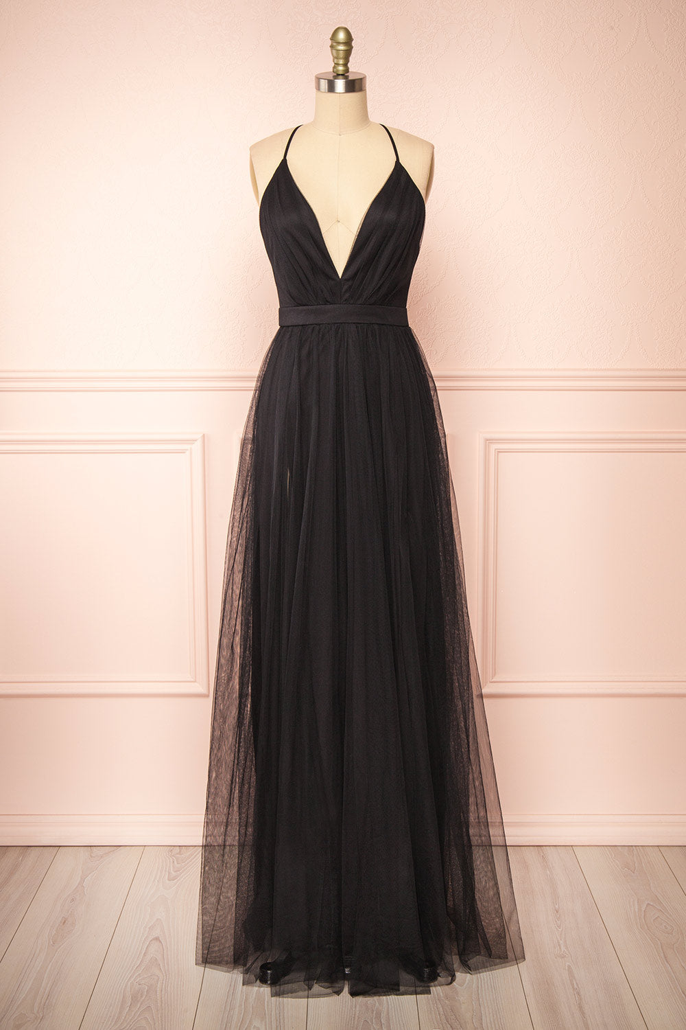 Black Plunging V Neck Crossed Back A-line Tulle Long Prom Dress 