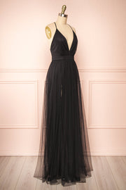 Black Plunging V Neck Crossed Back A-line Tulle Long Prom Dress