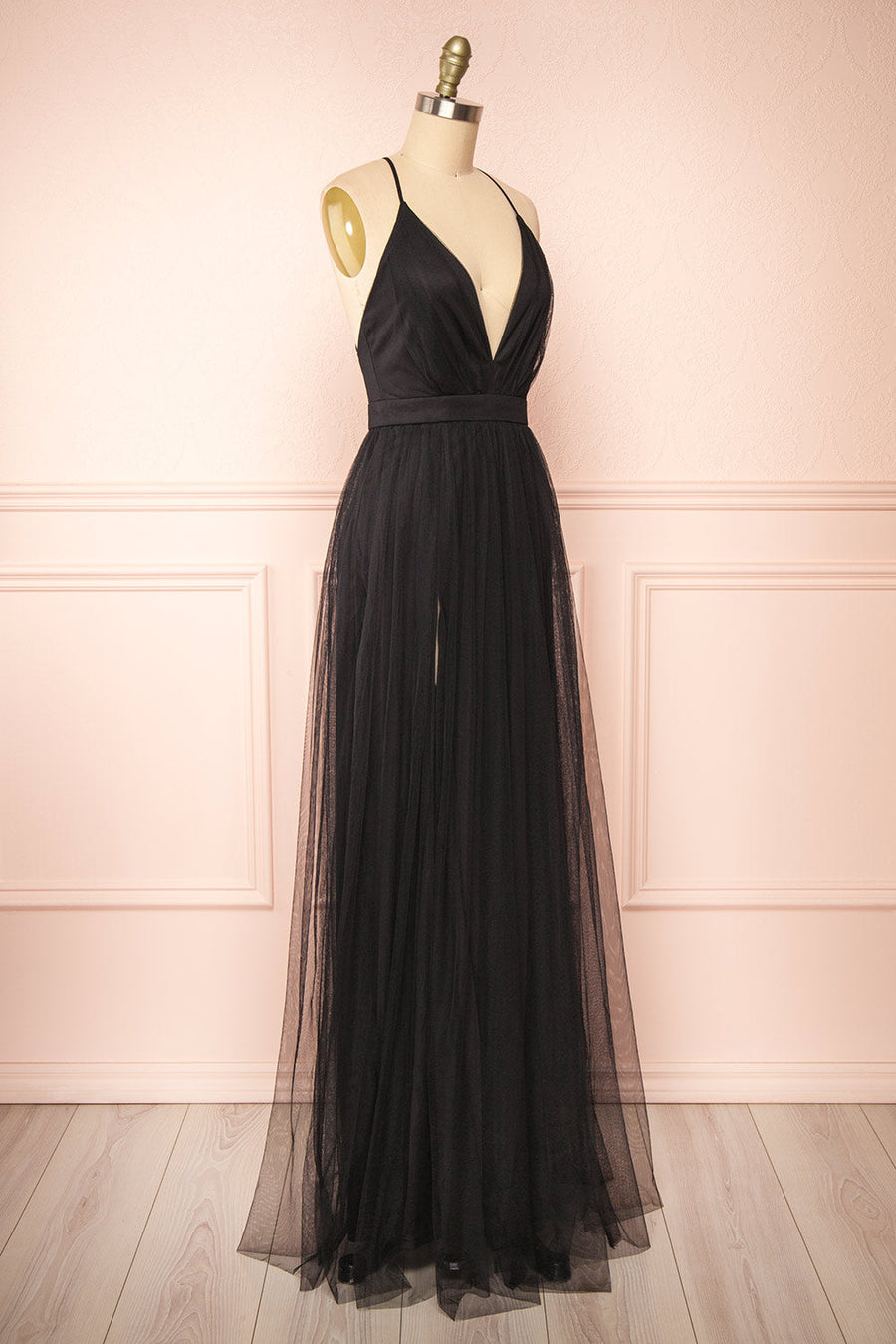 Black Plunging V Neck Crossed Back A-line Tulle Long Prom Dress