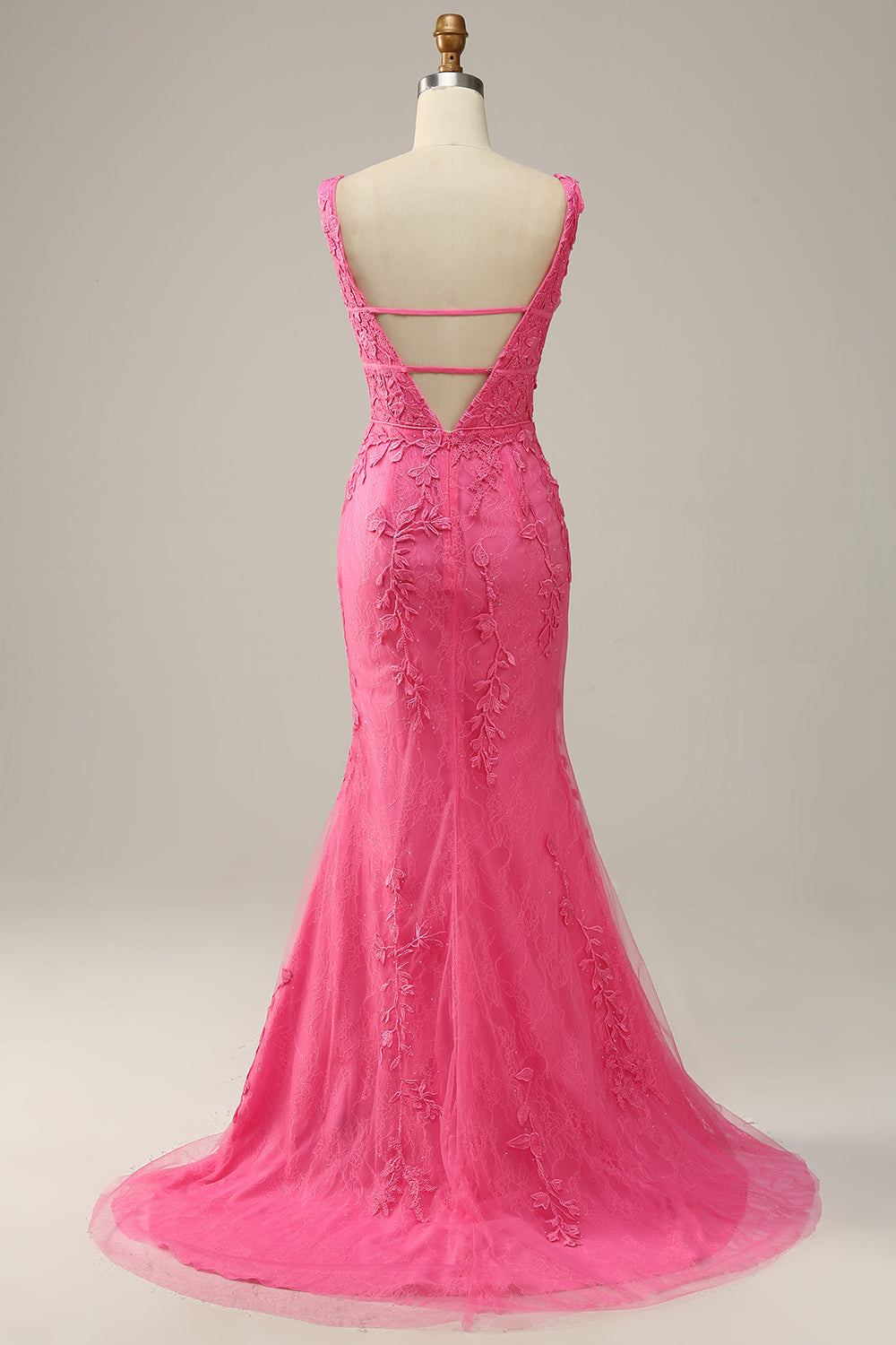 Hot Pink Appliques Plunging V Neck Mermaid Long Prom Dress