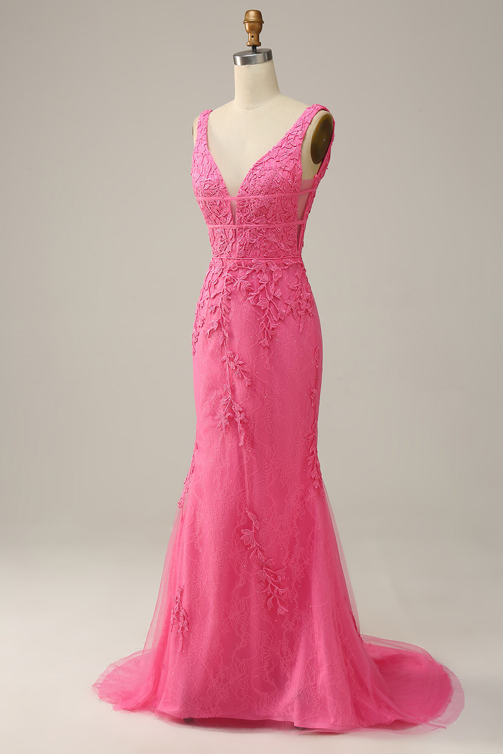 Hot Pink Appliques Plunging V Neck Mermaid Long Prom Dress
