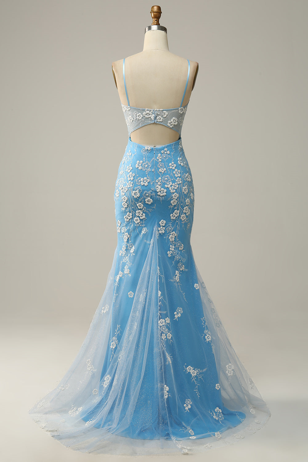 Sky Blue Straps Mermaid Appliques Cut-Out Long Prom Dress with Slit