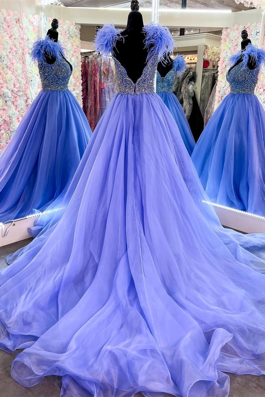 Lavender Plunging V Beaded A-line Long Prom Dress with Feathers Lavender / US 16