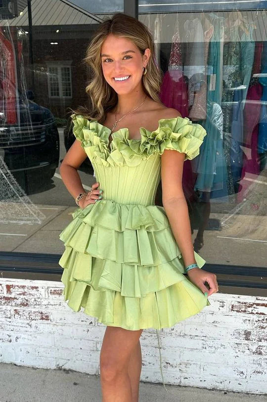A-Line Off-the-Shoulder Corset Ruffle Tiered Homecoming Dress Sage / 6 A-Line Off-the-Shoulder Corset Ruffle Tiered Homecoming Dress Sage / 6