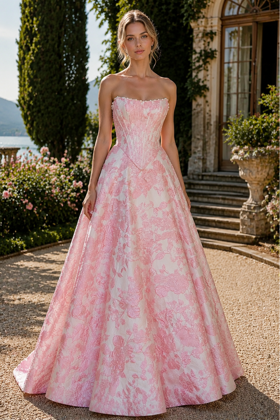 Beautiful Pink Floral Boned Jacquard A-Line Prom Dress