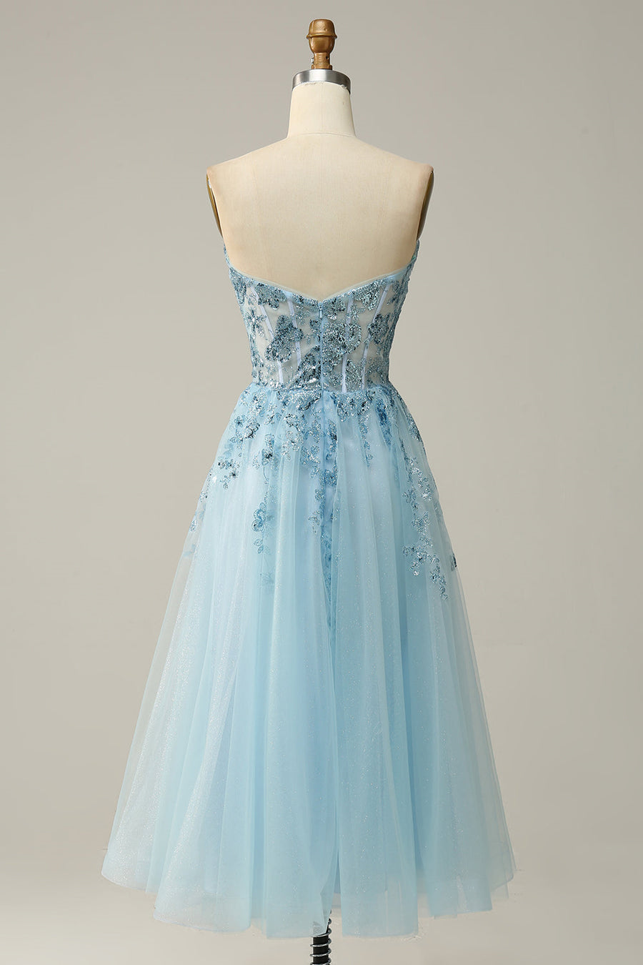 Light Blue Strapless Plunging V Neck Sequin-Embroidered Tea-Length Prom Dress