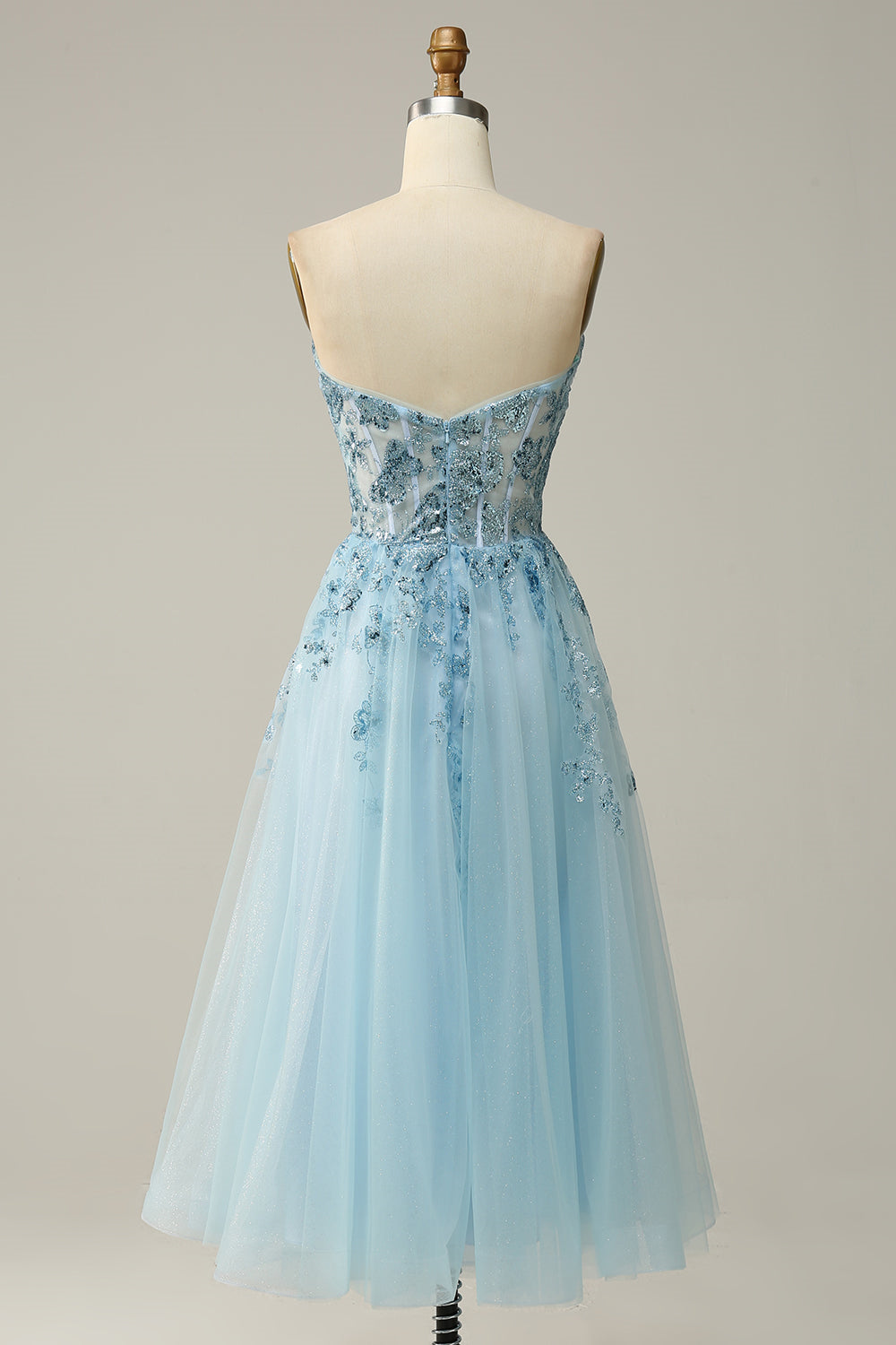 Light Blue Strapless Plunging V Neck Sequin-Embroidered Tea-Length Prom Dress