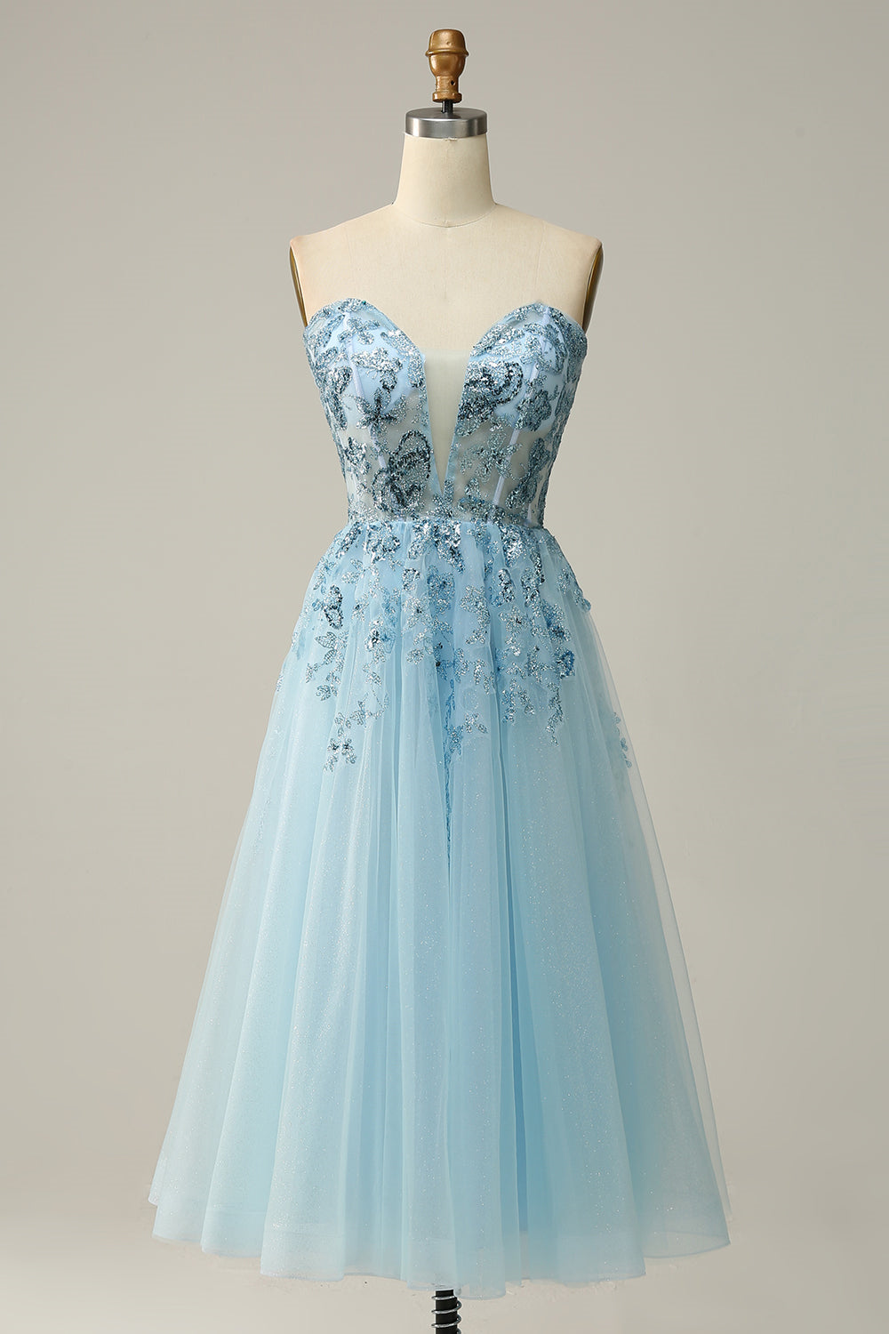 Light Blue Strapless Plunging V Neck Sequin-Embroidered Tea-Length Prom Dress