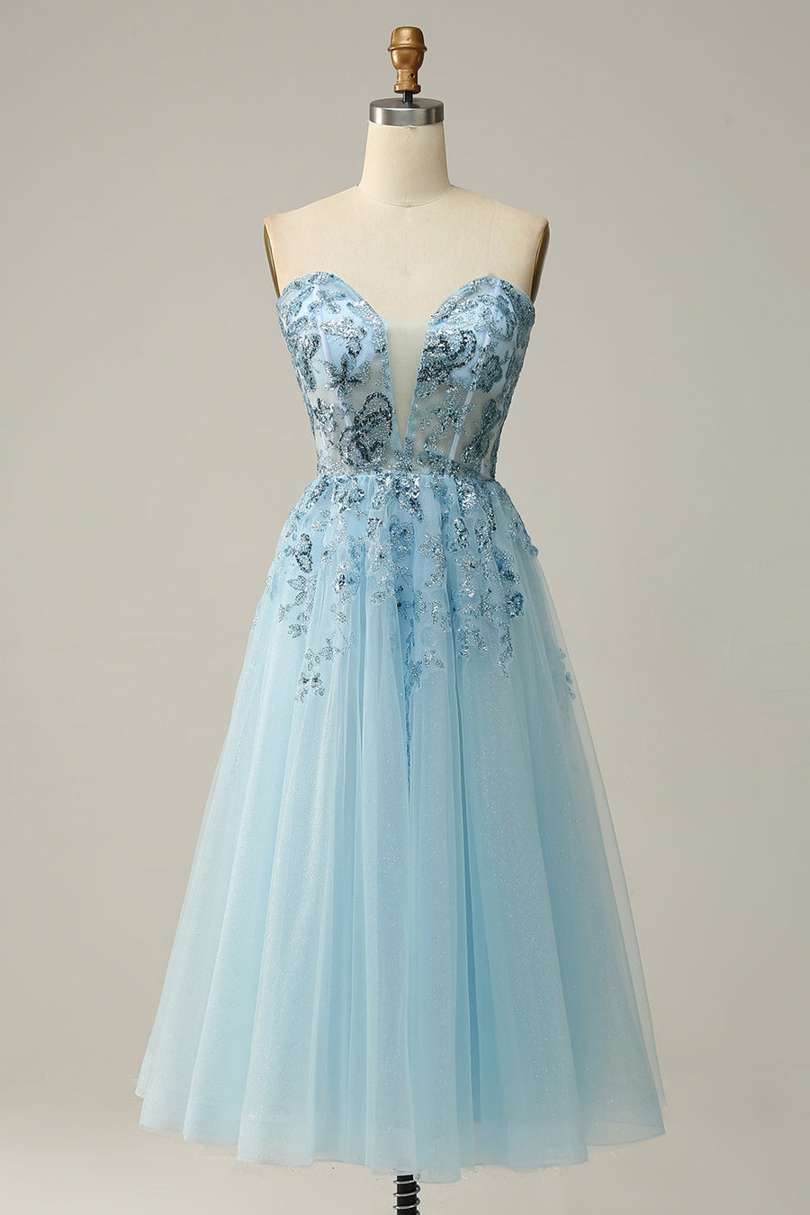 Light Blue Strapless Plunging V Neck Sequin-Embroidered Tea-Length Pro | Joyofdress Light Blue Strapless Plunging V Neck Sequin-Embroidered Tea-Length Pro | Joyofdress