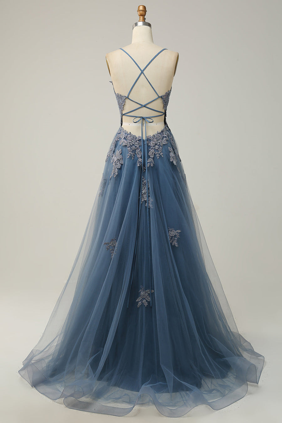 Plunging V Neck Appliques Lace-Up A-line Long Prom Dress Dusty Blue / US 8