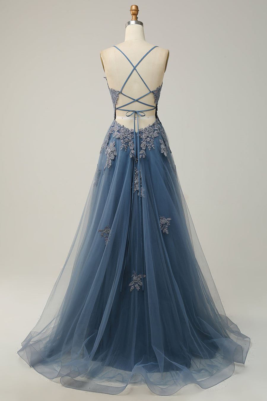Dusty Blue Plunging V Neck Appliques Lace-Up A-line Long Prom Dress