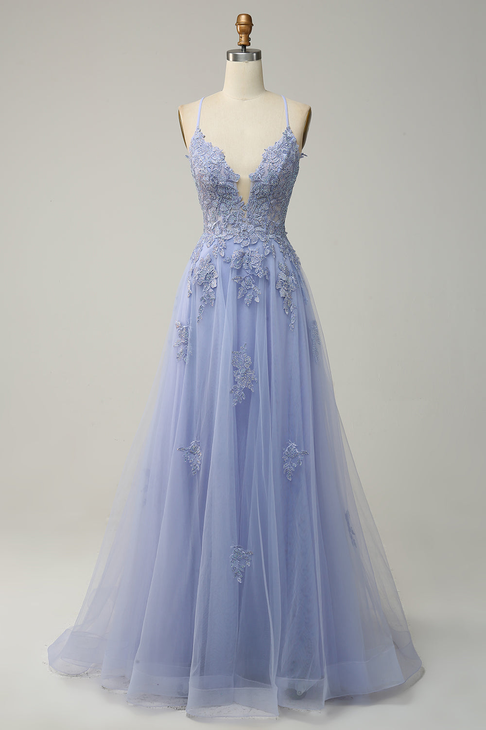 Lavender Plunging V Neck Appliques Lace-Up A-line Long Prom Dress