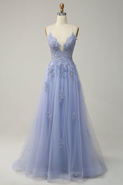 Lavender Plunging V Neck Appliques Lace-Up A-line Long Prom Dress