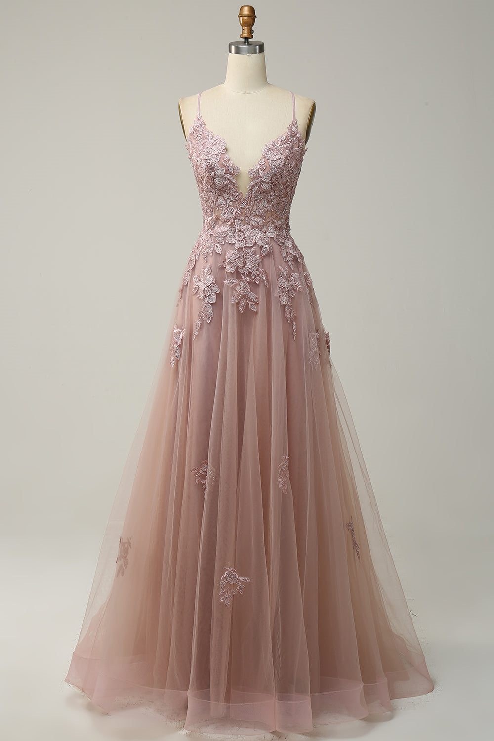 Blush Pink Plunging V Neck Appliques Lace-Up A-line Long Prom Dress
