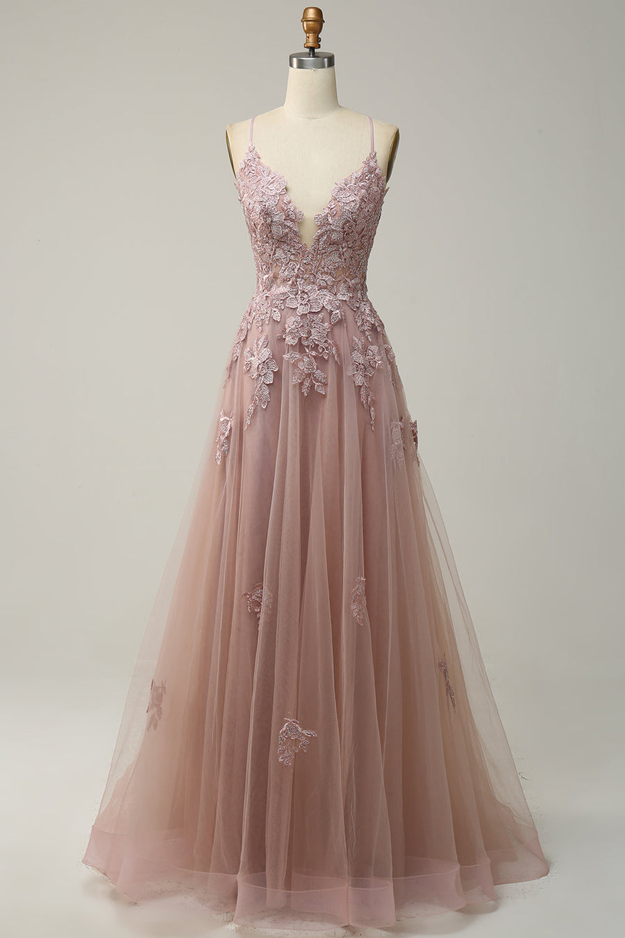 Plunging V Neck Appliques Lace-Up A-line Long Prom Dress | Joyofdress Plunging V Neck Appliques Lace-Up A-line Long Prom Dress | Joyofdress