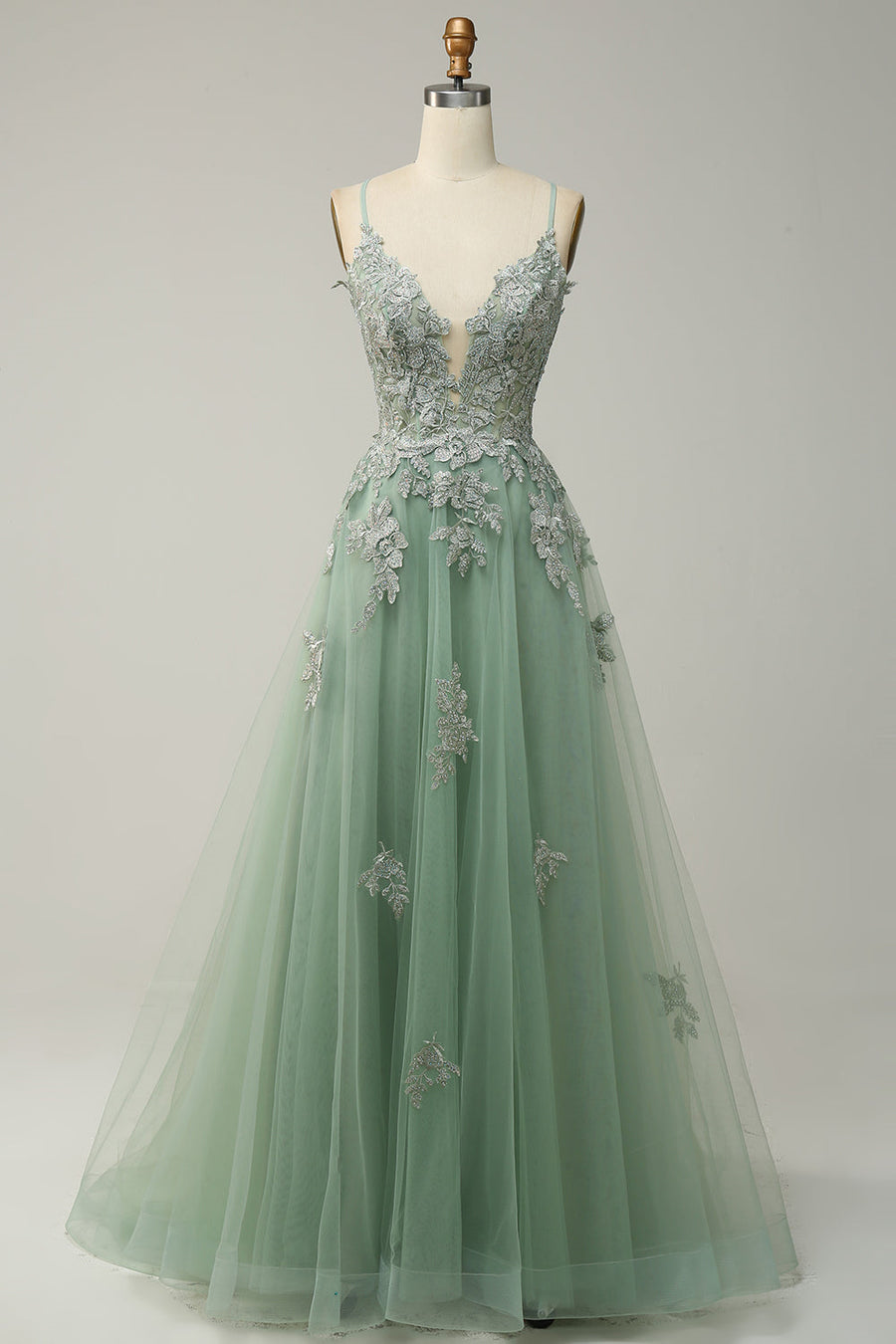 Plunging V Neck Appliques Lace-Up A-line Long Prom Dress Dusty Blue / US 8 Plunging V Neck Appliques Lace-Up A-line Long Prom Dress Dusty Blue / US 8
