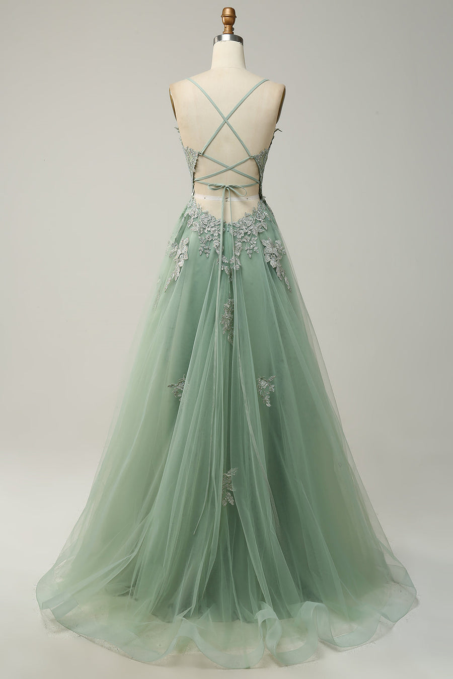 Plunging V Neck Appliques Lace-Up A-Line Long Prom Dress Dusty Blue / US 8 Plunging V Neck Appliques Lace-Up A-Line Long Prom Dress Dusty Blue / US 8