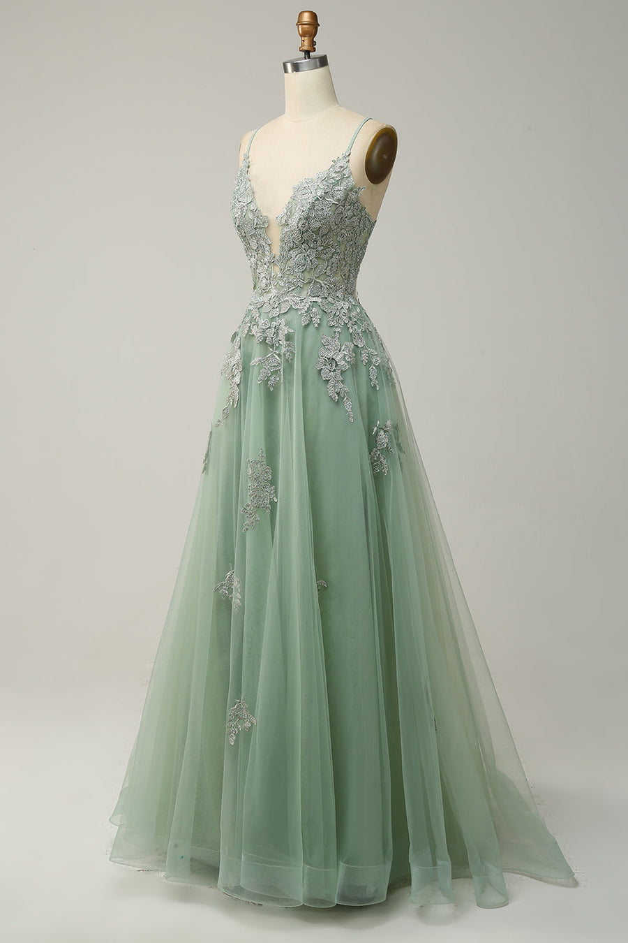 Dusty Sage Plunging V Neck Appliques Lace-Up A-line Long Prom Dress