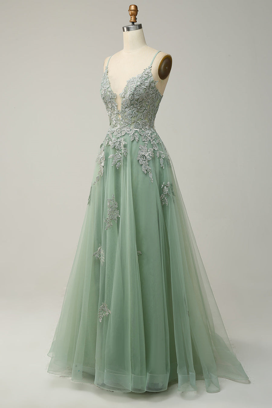 Plunging V Neck Appliques Lace-Up A-line Long Prom Dress | Joyofdress Plunging V Neck Appliques Lace-Up A-line Long Prom Dress | Joyofdress