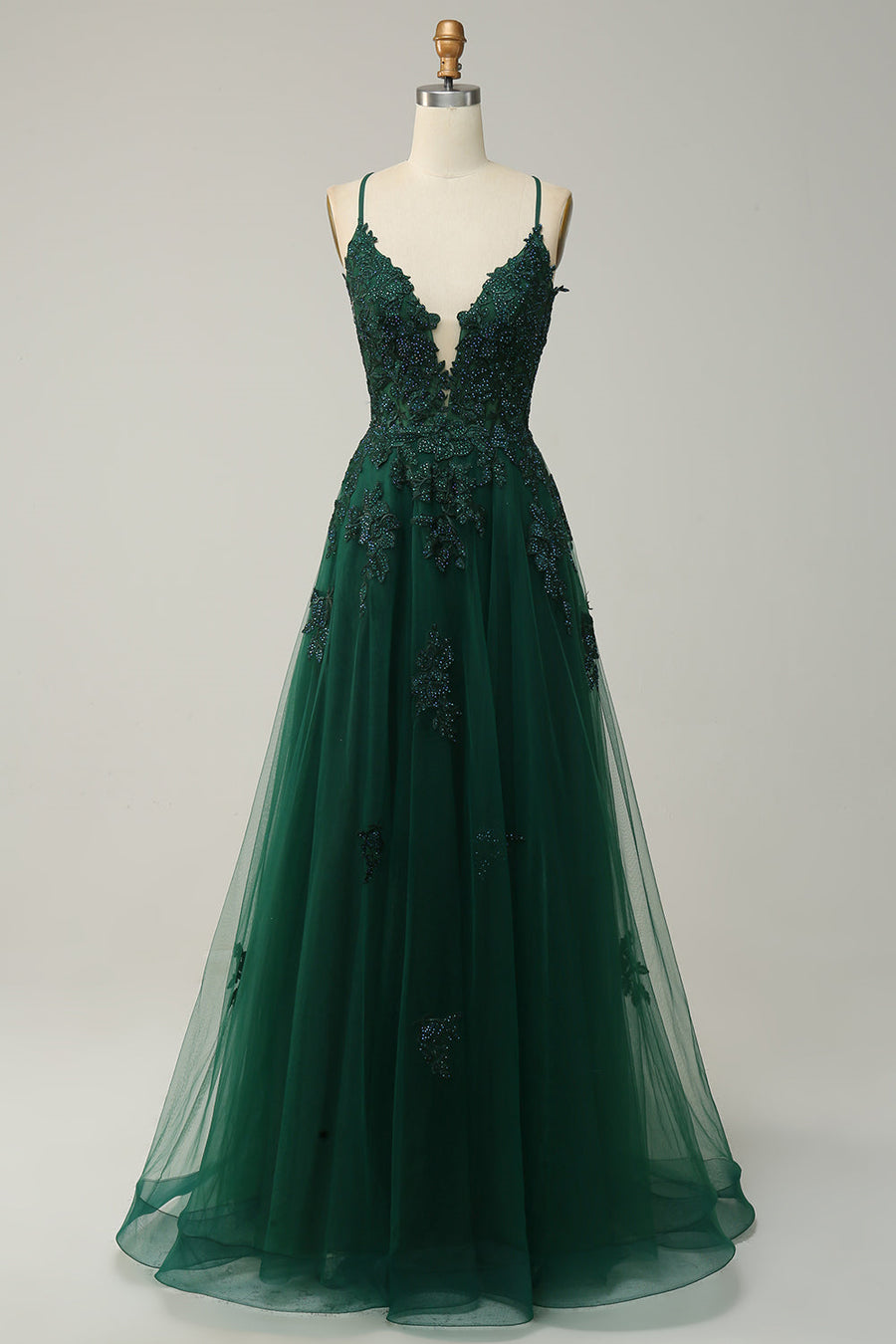 Hunter Green Plunging V Neck Appliques Lace-Up A-line Long Prom Dress